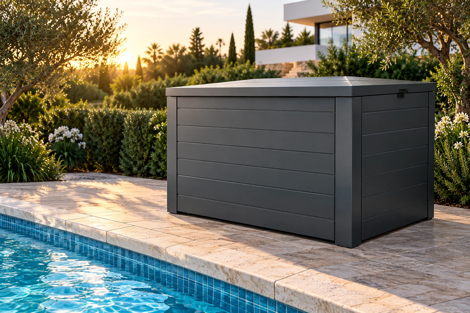 Fotorealistische Konzeptvisualisierung einer anthrazitfarbenen POOLCUBE-Technikbox mit breiten horizontalen Paneelen am Pool